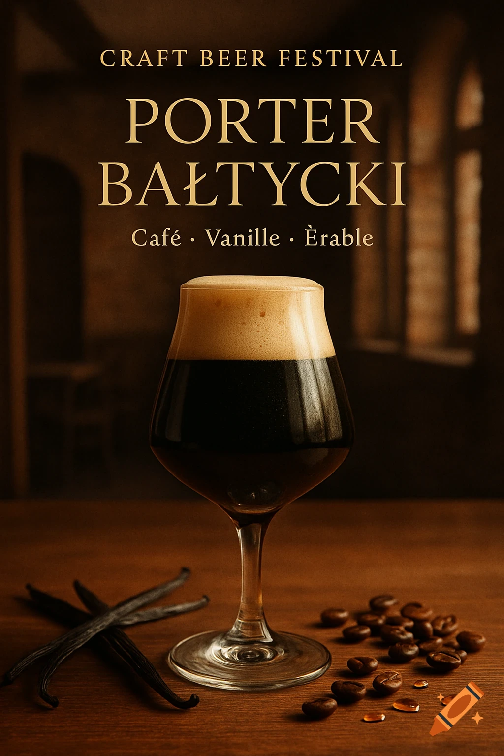 A photorealistic poster for a craft beer festival, featuring a glass of dark porter beer, vanilla pods, coffee beans, and maple syrup, with 'Craft Beer Festival Porter Bałtycki' text.