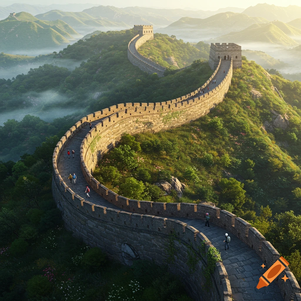 A long, winding stone wall with watchtowers, resembling the Great Wall of China, stretches across lush green mountains under a bright, misty sky, with small figures walking on it.