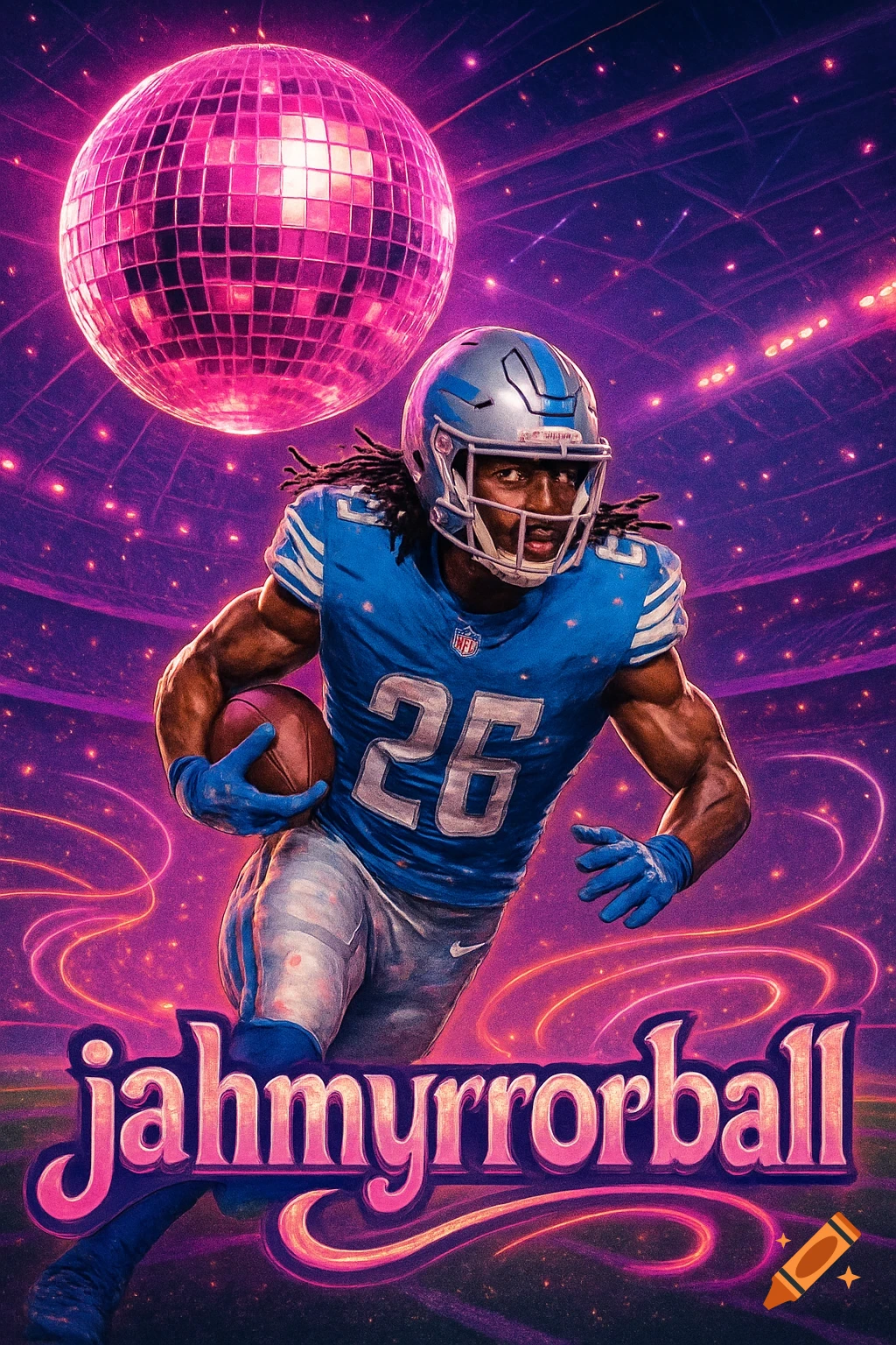 A football player in a blue jersey with number 26 runs with a ball under a large pink disco ball in a vibrant, sparkly stadium.
