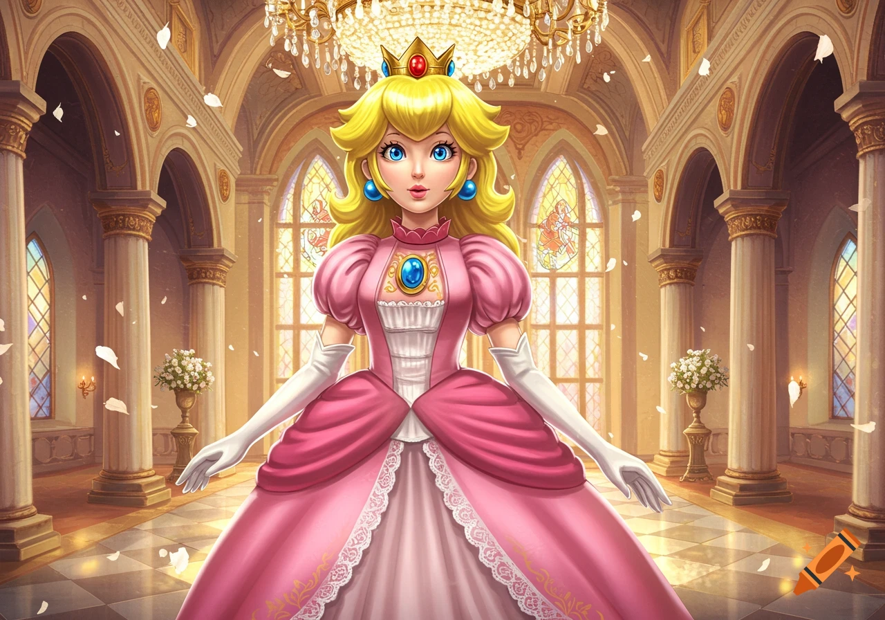 A vibrant illustration of Princess Peach in a pink gown and crown, standing in an opulent golden castle hall with chandeliers and stained glass.