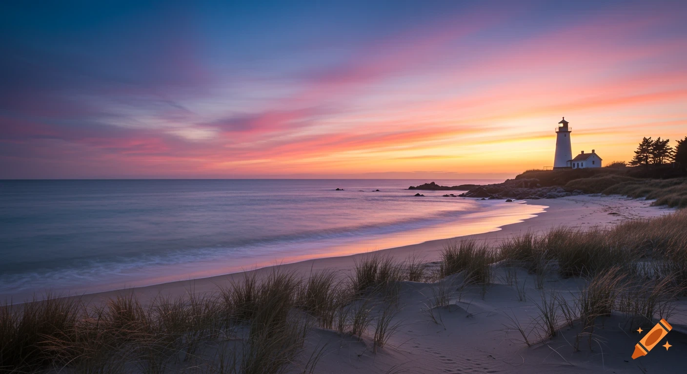 A tranquil beach scene with a lighthouse on a rocky outcrop under a vibrant sunset sky.