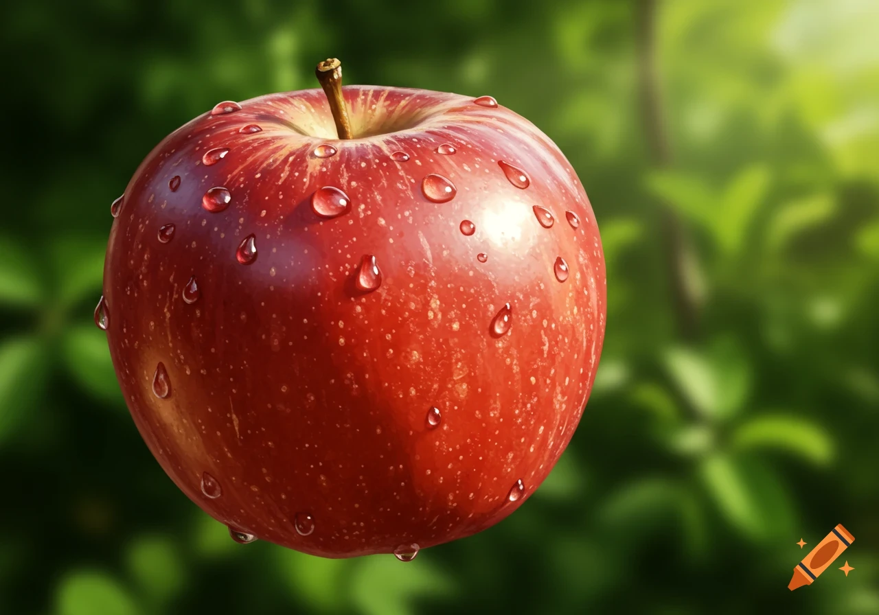 A vibrant red apple covered in water droplets, set against a soft focus green leafy background.