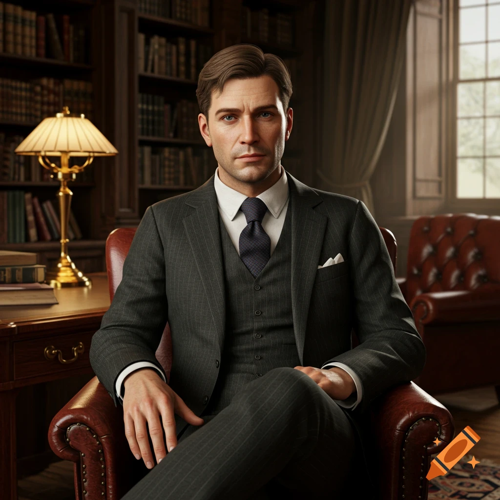 Photorealistic portrait of a serious man in a dark pinstripe suit, vest, and tie, sitting in a leather chair in a dim library.