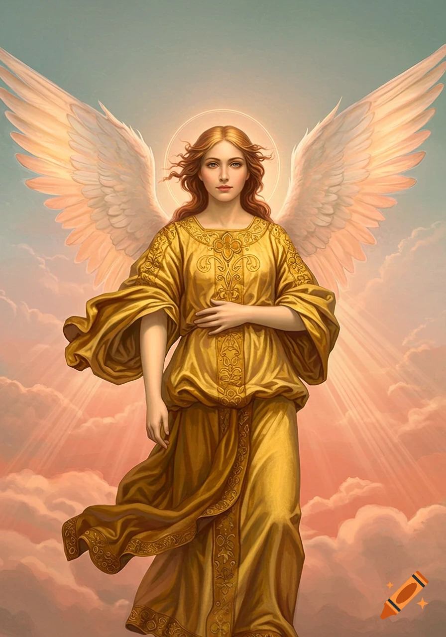 A Renaissance-style portrait of a serene angel with long flowing hair, large white wings, and a golden robe standing in clouds with sunlight.