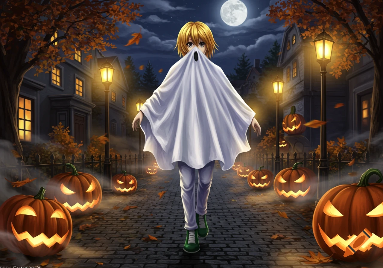 Anime character in a ghost costume walks a Halloween street lined with glowing jack-o'-lanterns and autumn trees under a full moon.