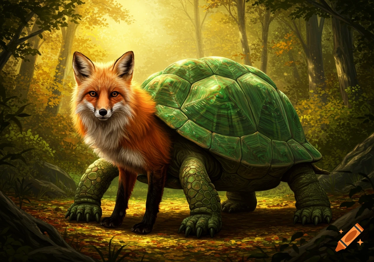 A vibrant red fox and green turtle hybrid creature stands in a sunlit autumn forest.