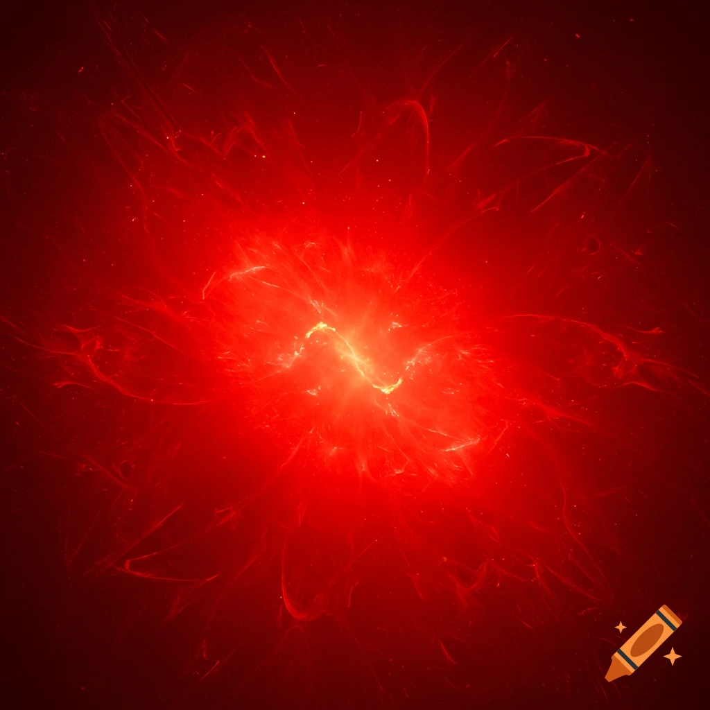An abstract image of a bright red energy burst or nebula, with light red tendrils extending from a glowing orange-yellow core.