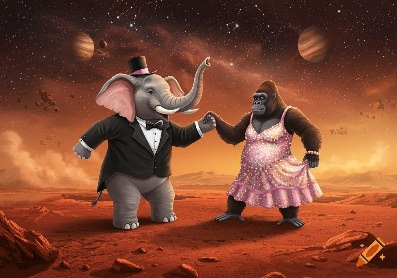 A cartoon elephant in a tuxedo and a gorilla in a pink sparkly dress waltzing on a red Mars landscape with planets in the starry sky.