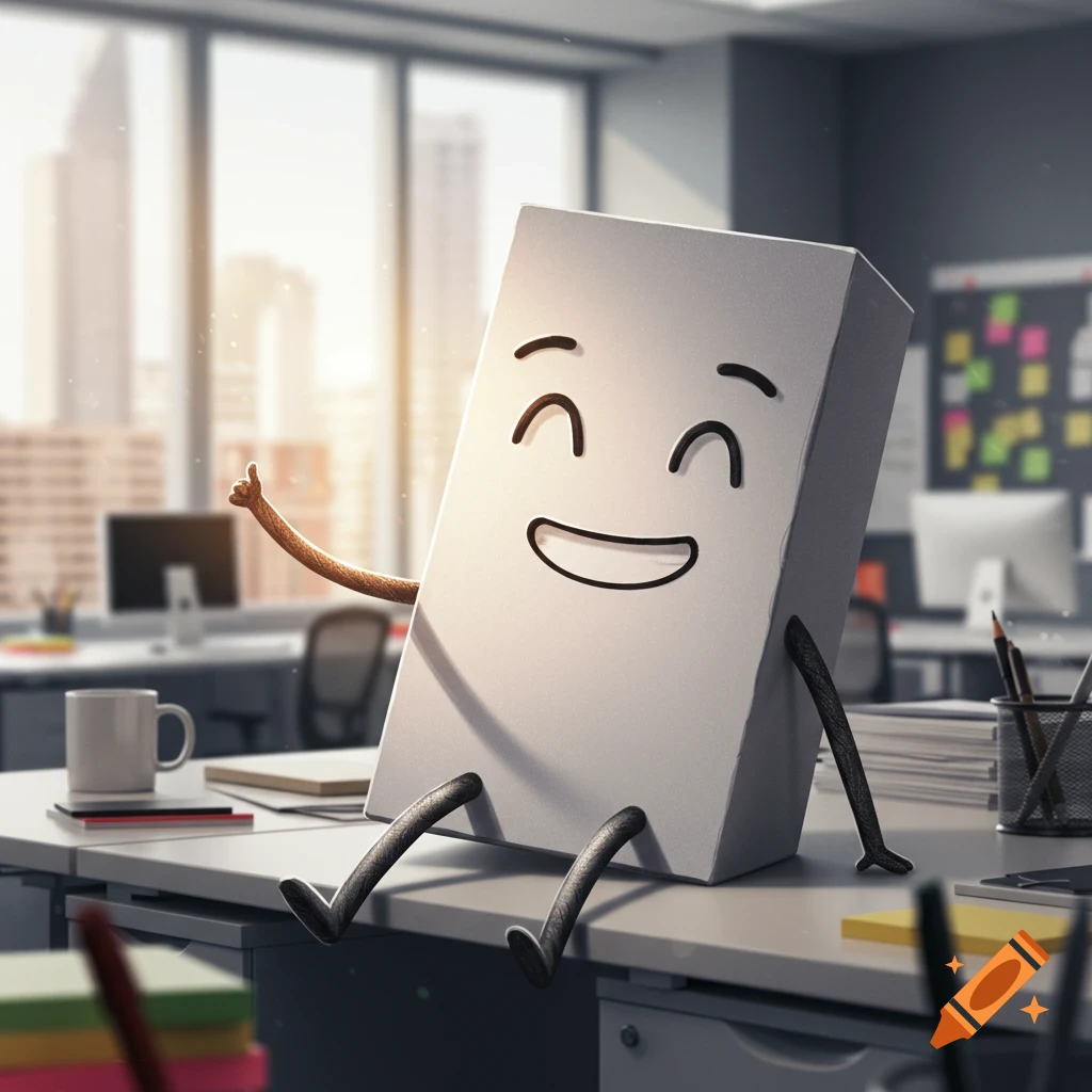 A happy, anthropomorphic eraser with arms and legs sits on an office desk, giving a thumbs up. Photorealistic office background.