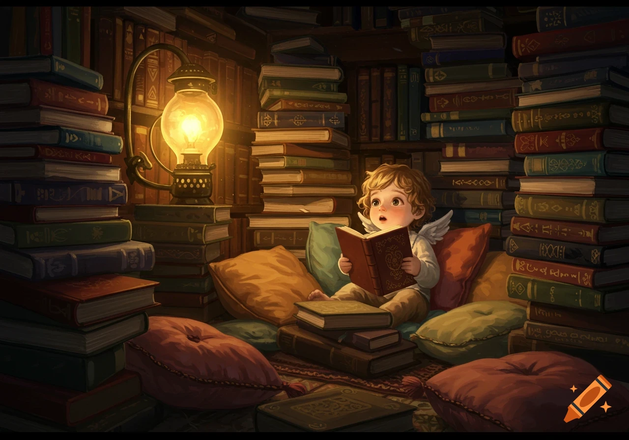 A child angel sits among piles of books, engrossed in reading by the warm glow of a lantern in a cozy library, in a painterly style.