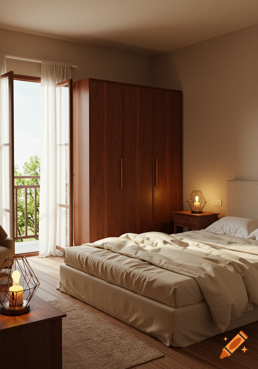 A photorealistic image of a cozy bedroom with a large bed, a wooden wardrobe, a nightstand with a lamp, and an open balcony door with sheer curtains.