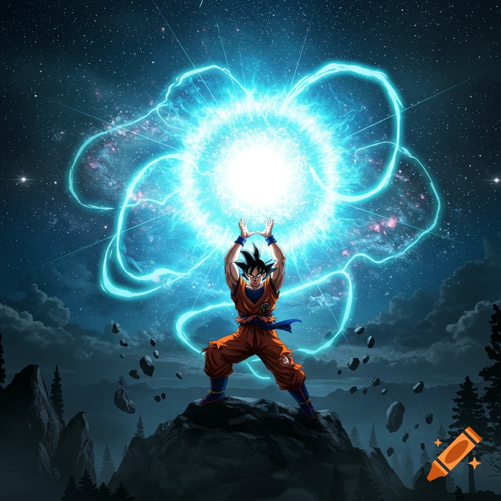 Goku from Dragon Ball charges a powerful blue energy blast atop a mountain under a starry night sky.