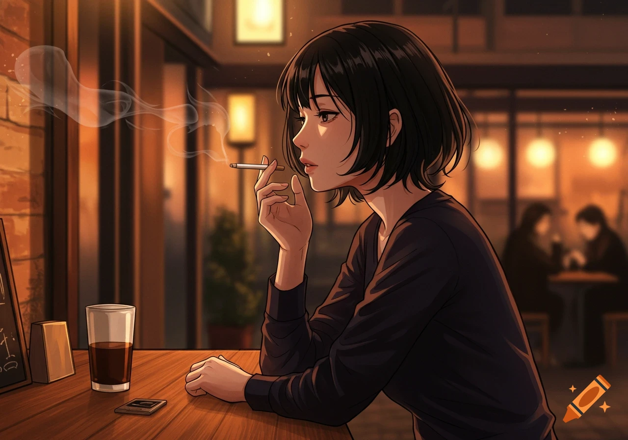An anime-style illustration of a woman with short dark hair smoking a cigarette at a cafe table, with a drink beside her.