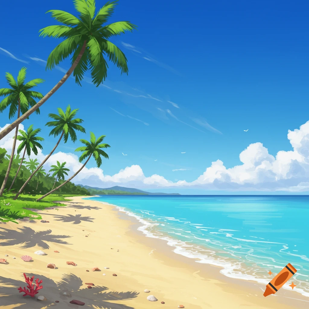 A vibrant illustration of a tropical beach with palm trees, bright sand, and turquoise water under a clear blue sky.