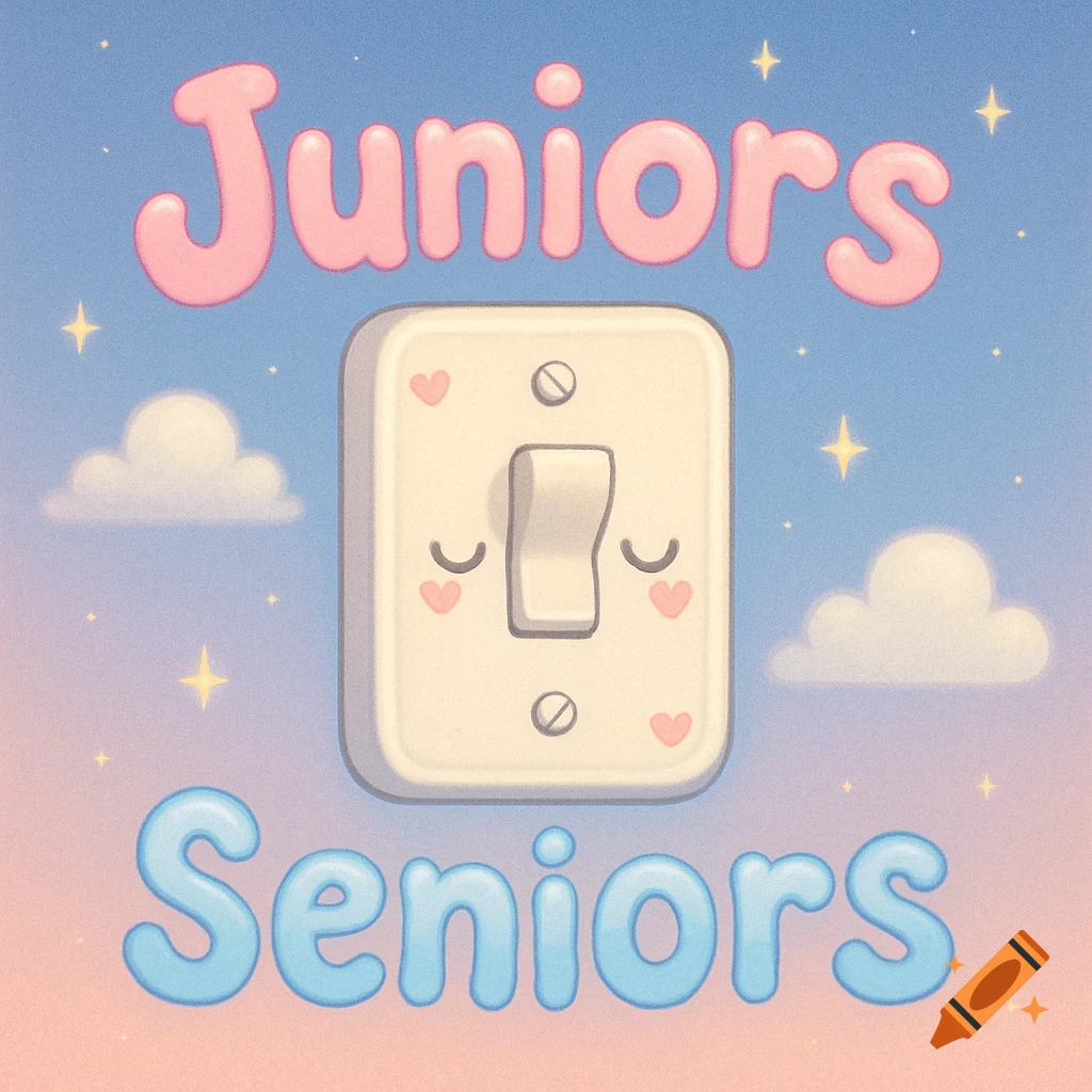 A cute cartoon light switch character with pink 'Juniors' text above and blue 'Seniors' text below, against a pastel sky with clouds.