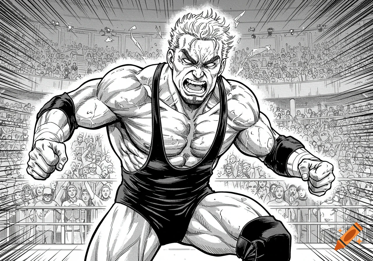 A muscular, angry manga wrestler in a black singlet poses in a ring before a crowd.