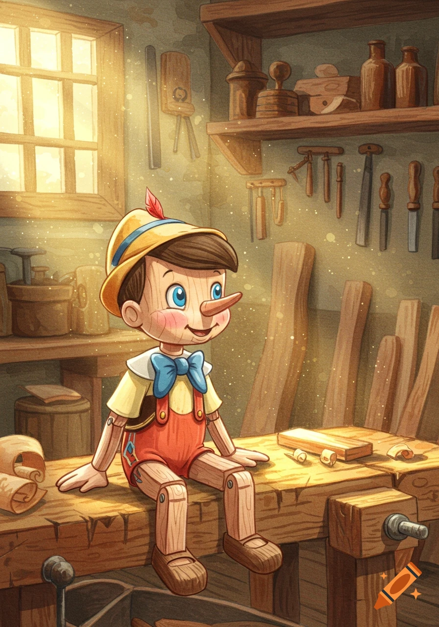 A watercolor illustration of the wooden puppet Pinocchio sitting on a workbench in a sunlit woodworking shop.