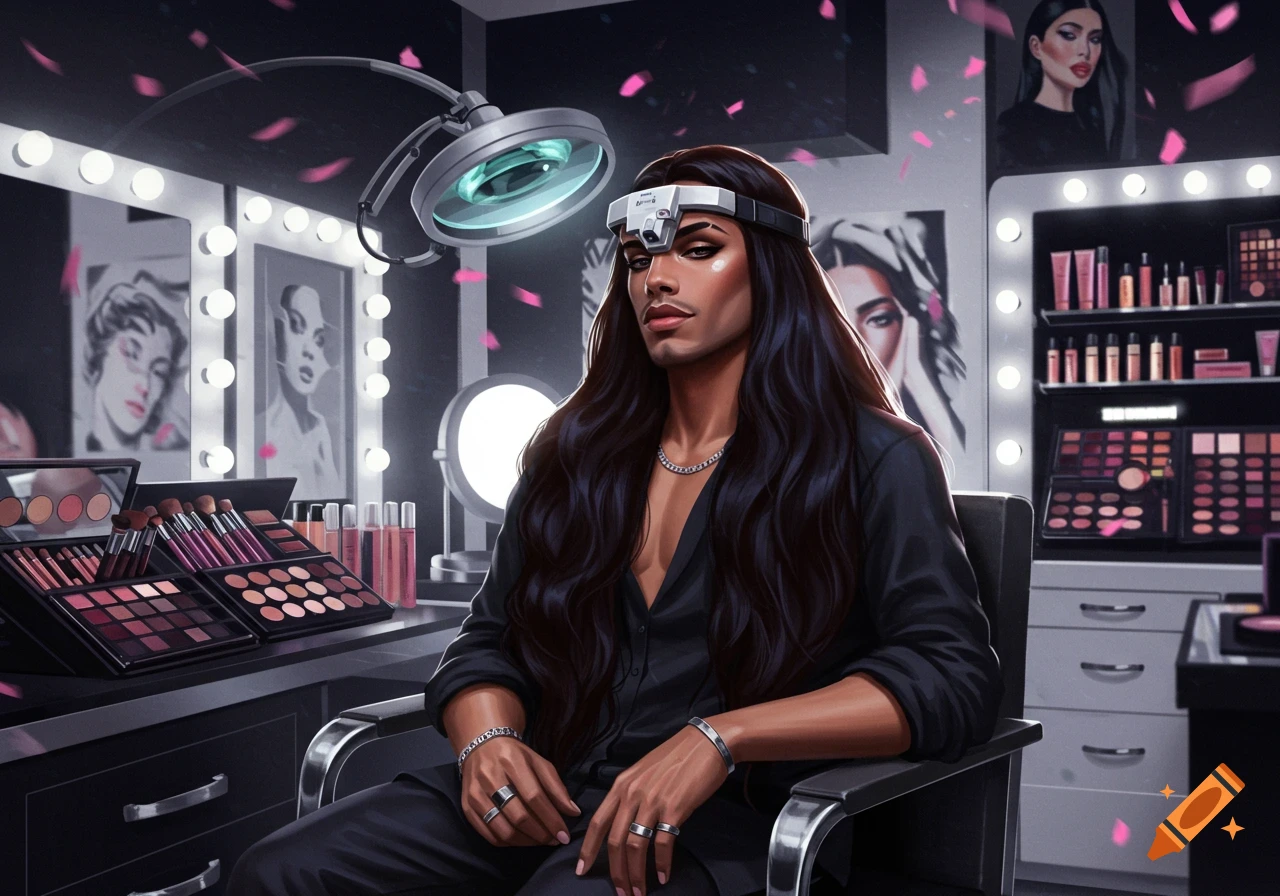 A person with long dark hair and makeup wears a magnifying headset in a vibrant makeup studio.