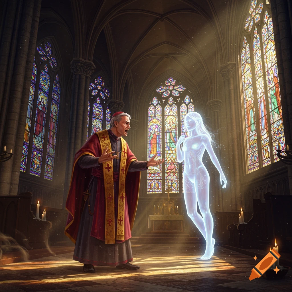 An angry priest confronts a glowing, translucent female spirit in a grand gothic church with elaborate stained glass windows.