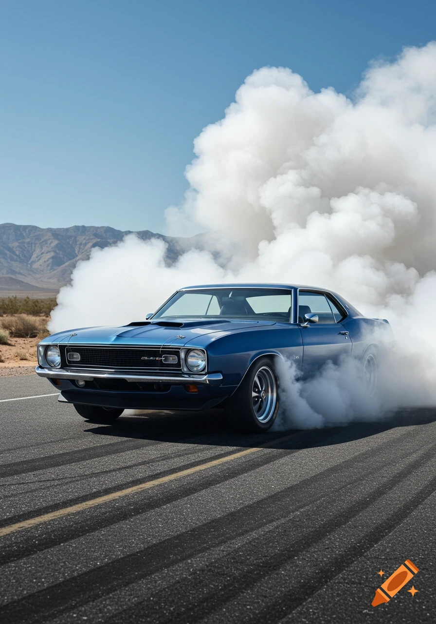A blue classic muscle car does a burnout on an asphalt road in a desert landscape, creating a large cloud of white smoke behind it.