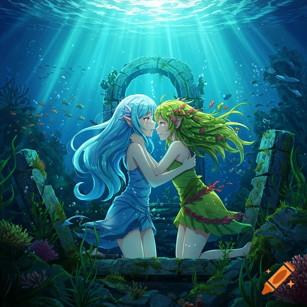 Anime water and nature girls embrace and cry underwater, surrounded by fish and ancient ruins.
