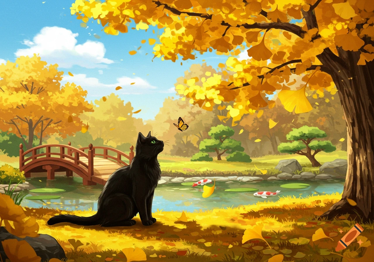 A black cat sits on fallen ginkgo leaves, looking at a butterfly by a pond with a bridge in an autumn park, illustration.