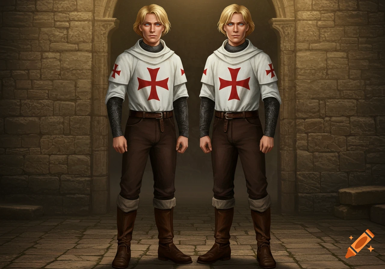 Two identical blonde men, dressed in white Templar habits with large red crosses, brown trousers, and leather boots, stand in a stone archway.
