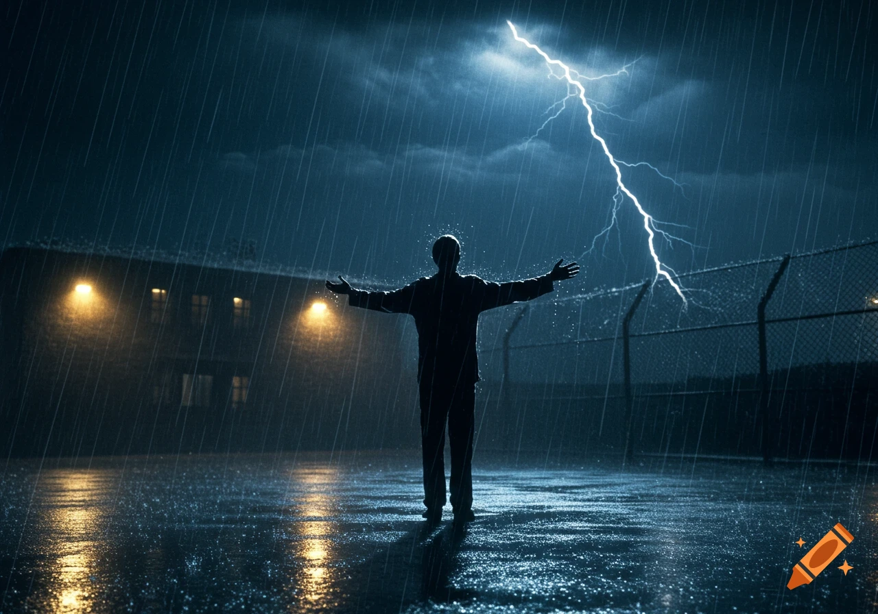 A person stands with outstretched arms in heavy rain during a dramatic night thunderstorm with a bright lightning strike.