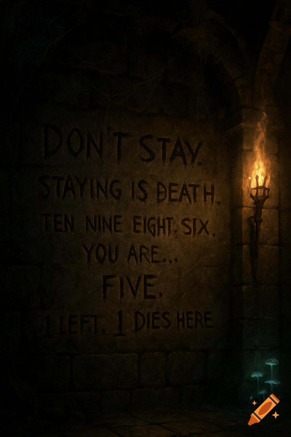 Ominous text carved into a dark stone dungeon wall, illuminated by a torch and glowing mushrooms.