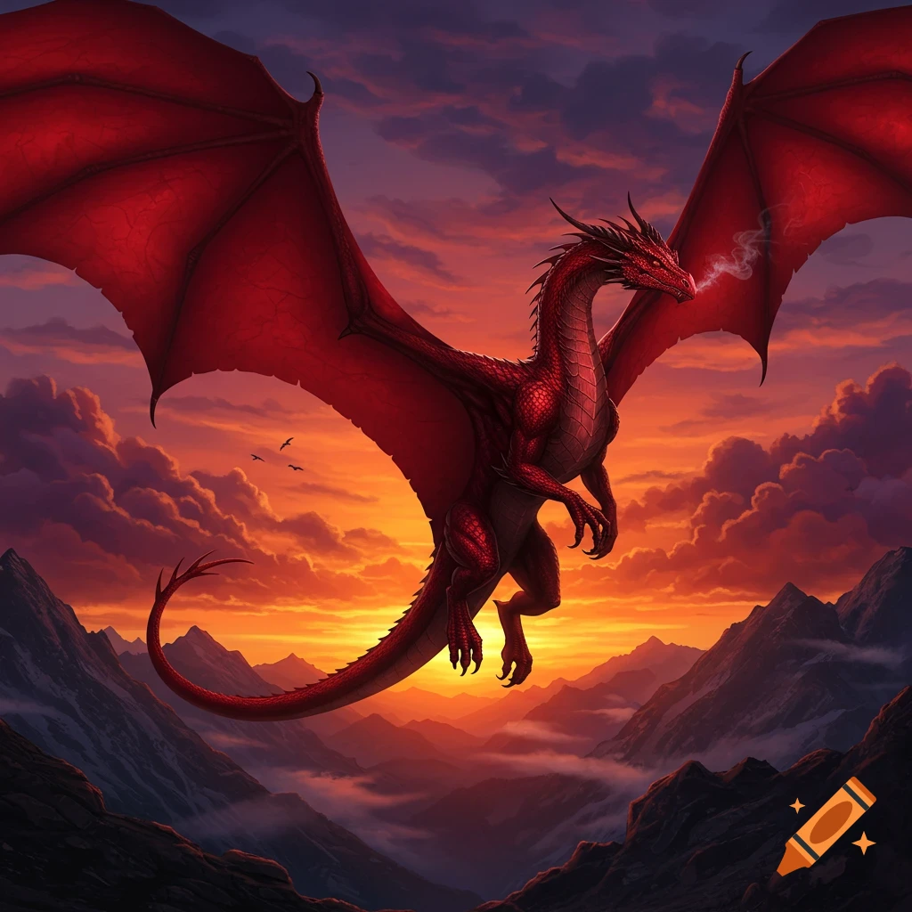 A majestic red dragon with large wings flies over rugged mountains at sunset, breathing smoke from its nostrils. Digital painting.
