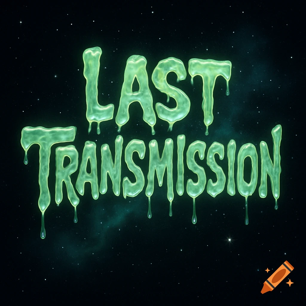 Glowing green dripping text 'LAST TRANSMISSION' against a dark starry space background.