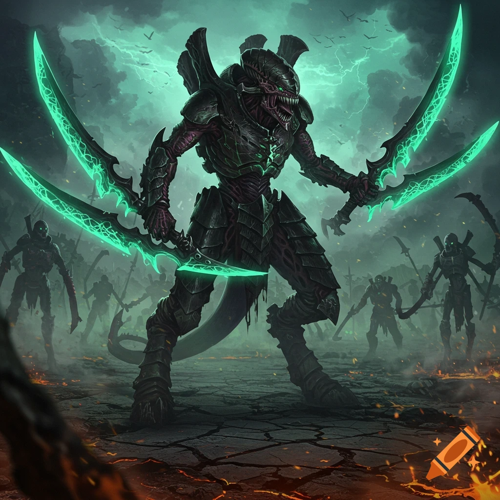 An armored alien warrior with glowing green dual-blades stands on a cracked, fiery battlefield under a stormy sky, surrounded by other alien figures in a dark fantasy style.