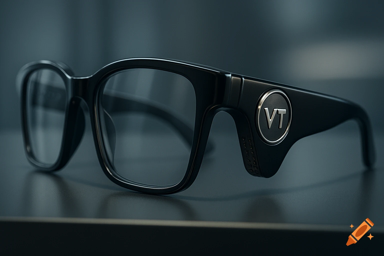 A pair of sleek black smart glasses with a silver 'VT' logo on the temple, resting on a dark surface.