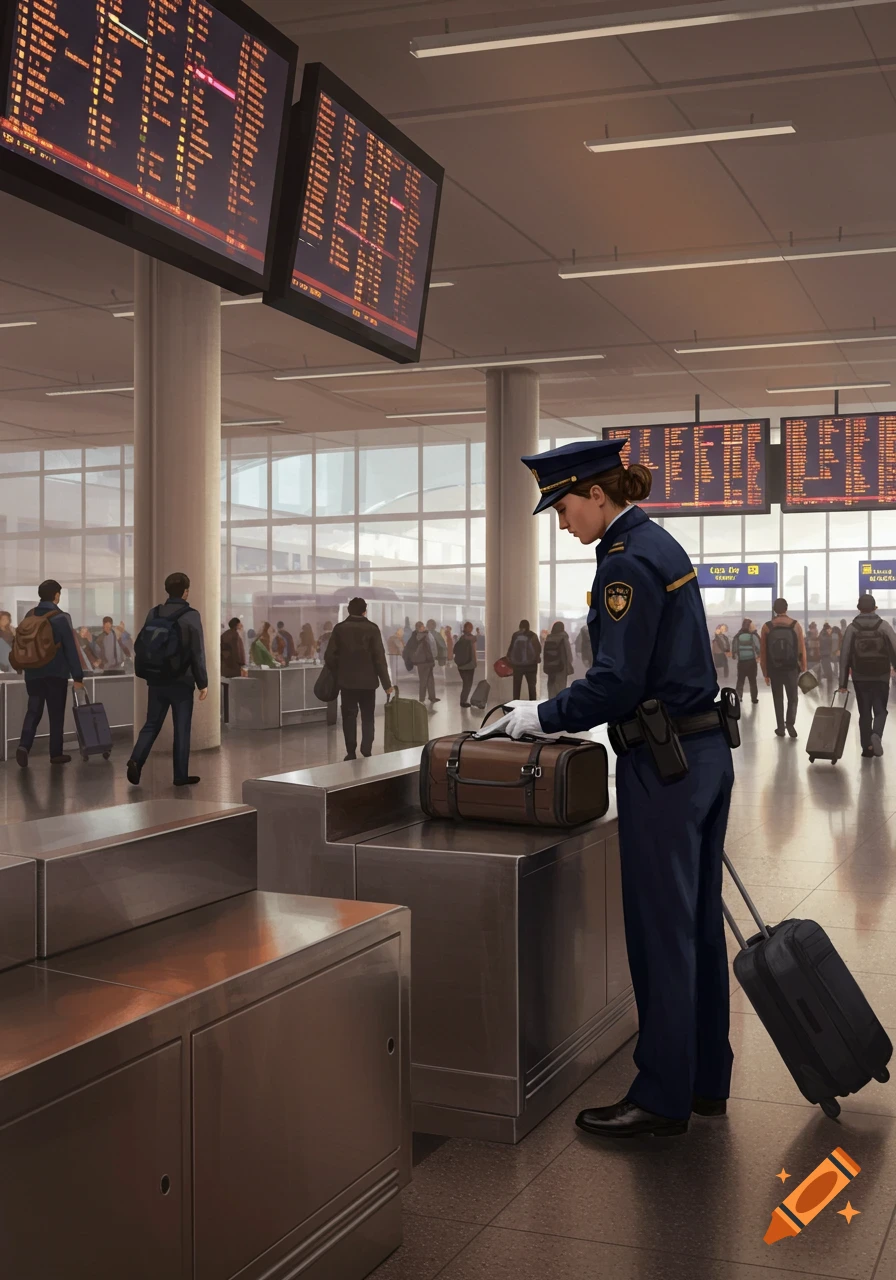 A customs officer in uniform searches a brown bag at an airport security checkpoint with passengers and flight boards in the background, in a realistic style.