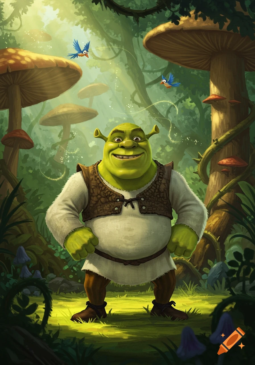 Shrek smiles confidently in a magical, sun-dappled forest with towering mushrooms and tiny blue birds.
