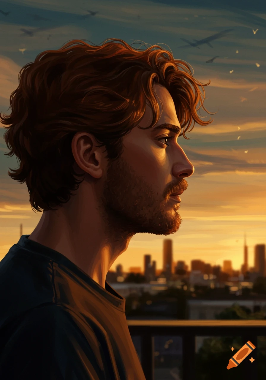 Profile of a man with brown curly hair and beard looking out over a city at sunset, digital painting.