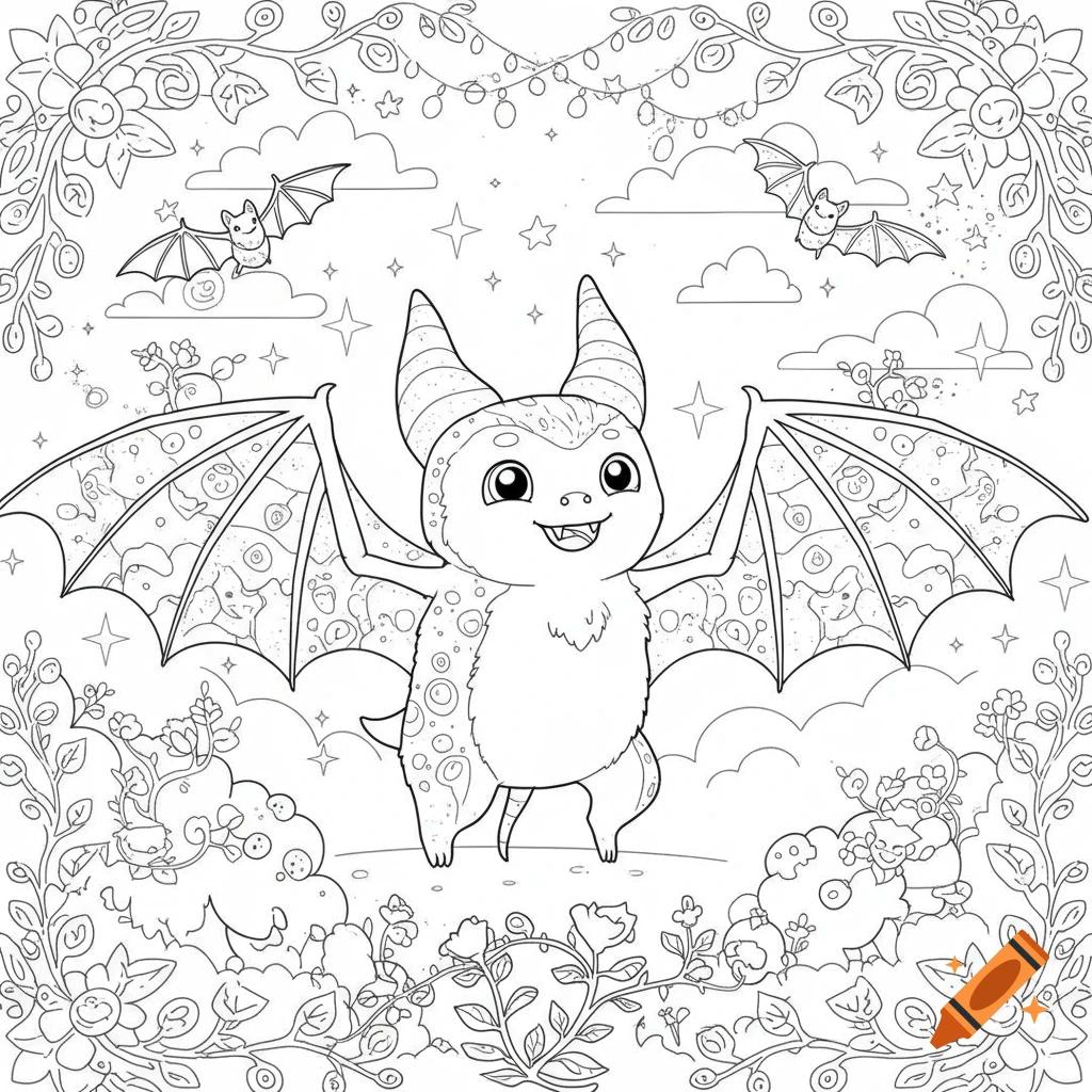 Line art coloring page of a cute, smiling bat-like creature with large ears and bat wings, surrounded by clouds, stars, and flowers.