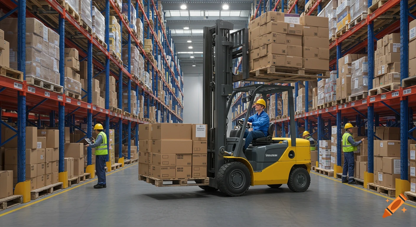 A photorealistic image of a forklift moving pallets in a large warehouse with tall shelves, with workers inspecting inventory.