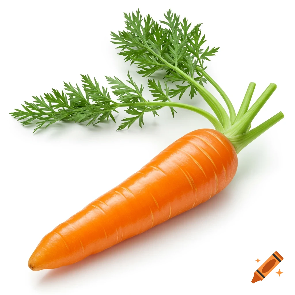 A single fresh orange carrot with vibrant green leafy tops on a clean white background.