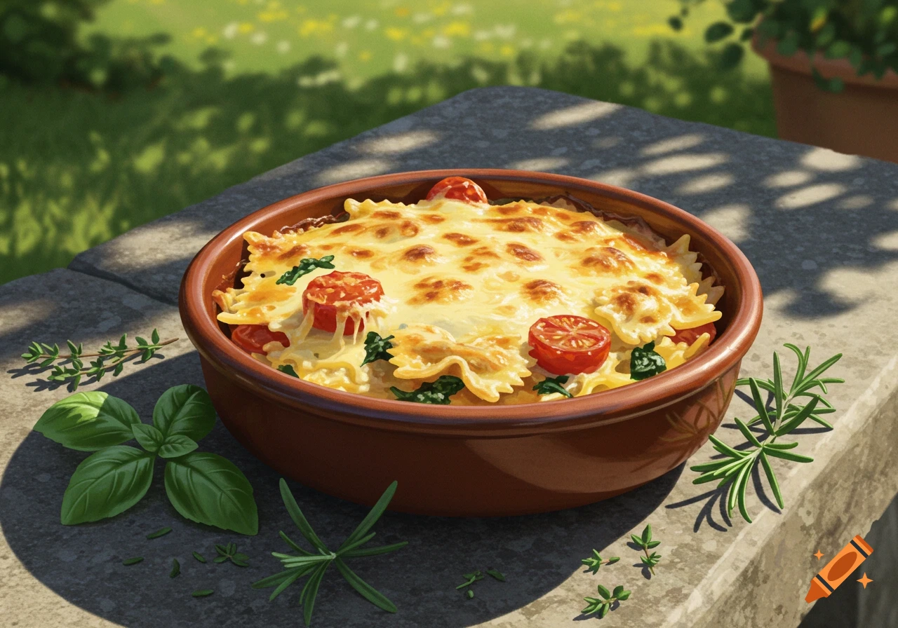A cheesy farfalle pasta bake with tomatoes and spinach in a terracotta bowl on a stone bench with fresh herbs.