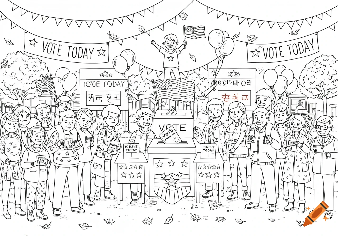 Line art coloring page of diverse people at a polling place with ballot boxes and 'VOTE TODAY' banners.