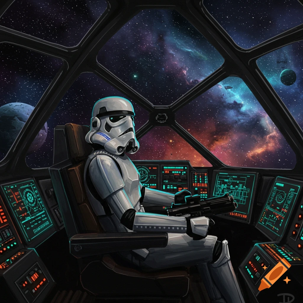 A Stormtrooper sits in a spaceship cockpit, looking out at a vibrant galaxy with planets and nebulae. Digital art.