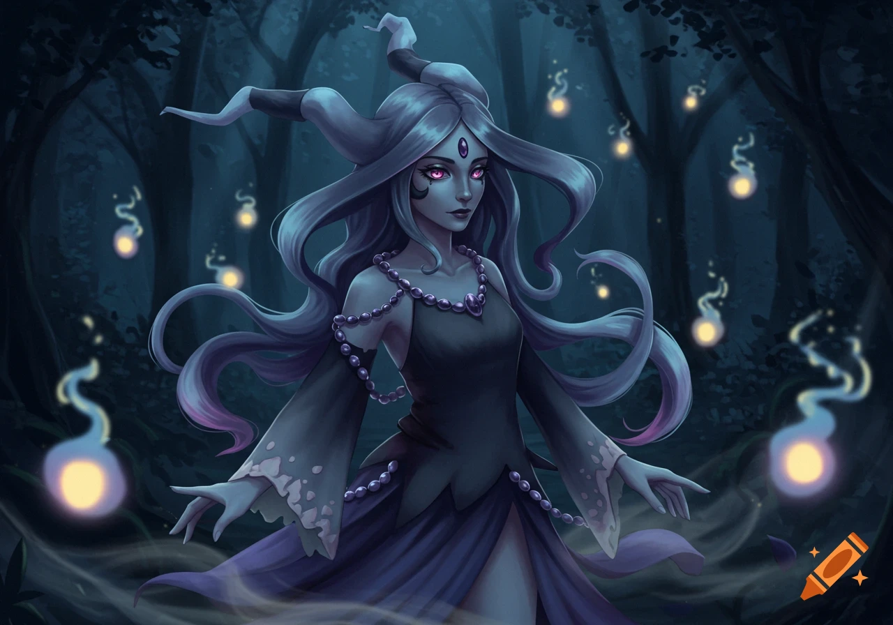 A human-like Misdreavus character with grey skin, purple eyes, and long hair, wearing a dark dress in a mystical forest.