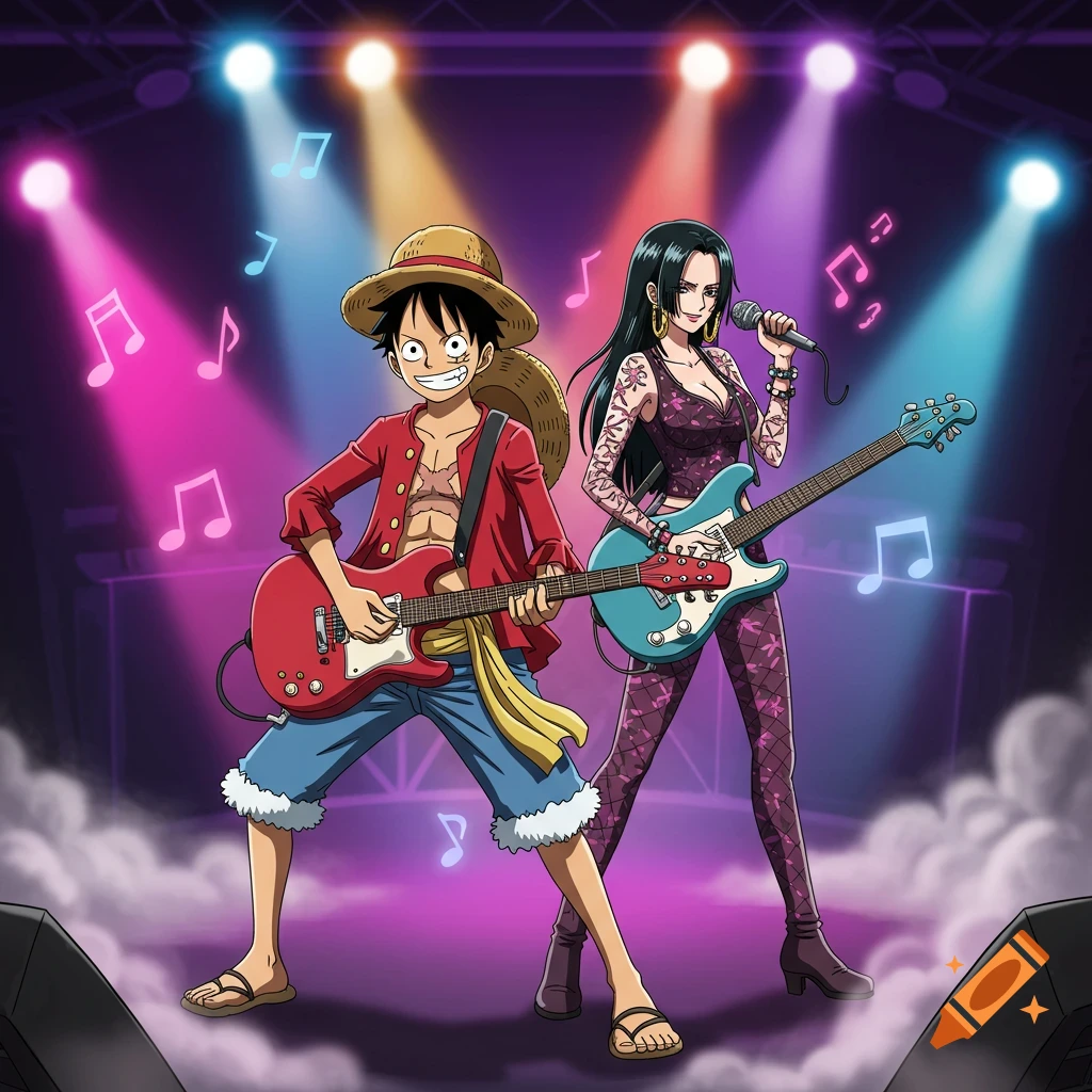 One Piece characters Luffy and Hancock play guitar and bass respectively on a brightly lit stage, surrounded by musical notes in an anime art style.