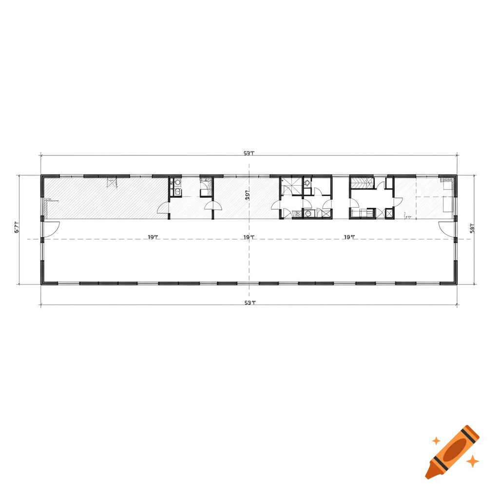 Black and white top-down architectural floor plan of a rectangular room with internal divisions and dimensions.