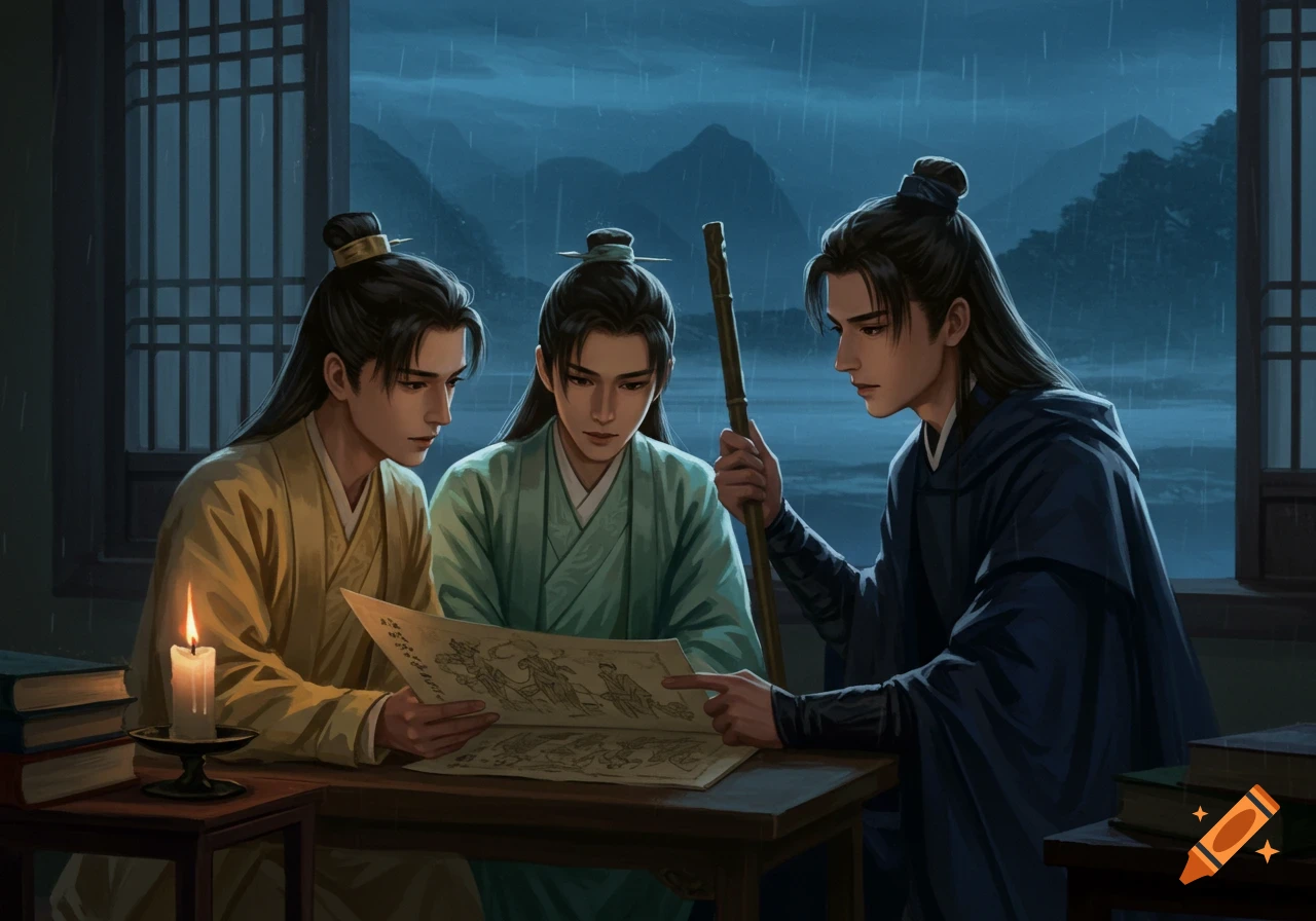 Three young men in traditional robes study a scroll by candlelight in an ancient study, with mountains and rain visible outside the window.