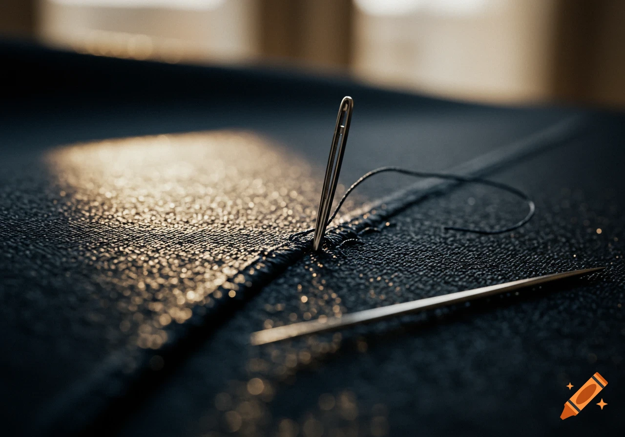 A close-up, dimly lit photo of a needle with black thread piercing a dark fabric, with another needle lying nearby.