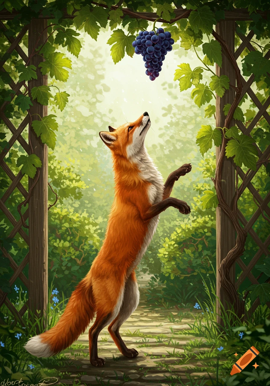 A red fox stands on its hind legs, stretching upwards to reach a bunch of purple grapes hanging from a vine on a garden trellis.