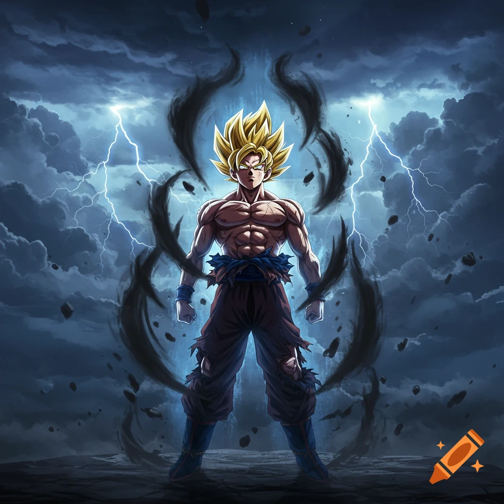 A muscular Super Saiyan Goku with golden spiky hair stands under a stormy sky with lightning and a black aura.