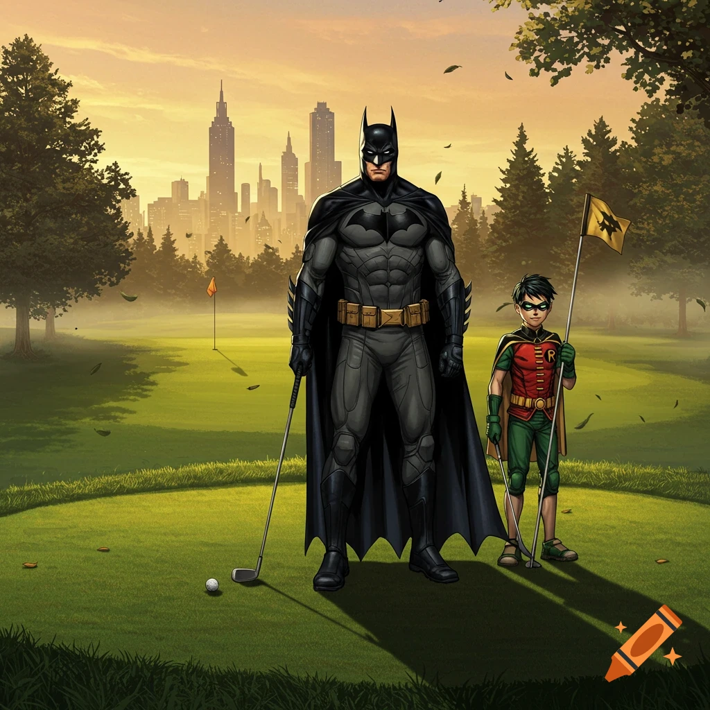Batman and Robin golf on a green course with a city skyline at sunset in comic art style.